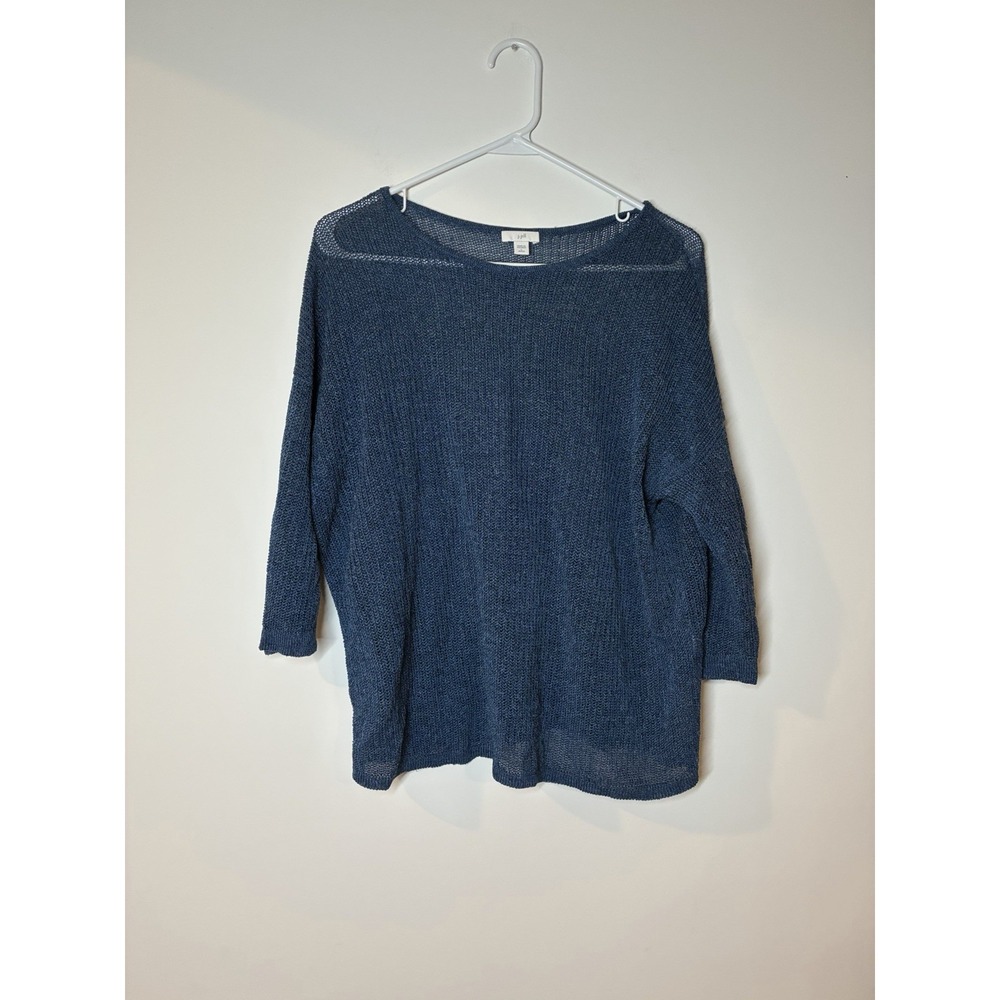 J Jill Tunic Sweater Teal Blue Linen Blend Boat Neck Open Knit 3/4 Sleeve L